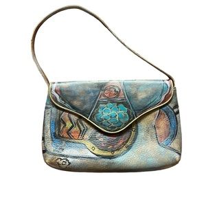 Jane Yoo leather, hand painted, vintage, unique purse. Measurements in pics